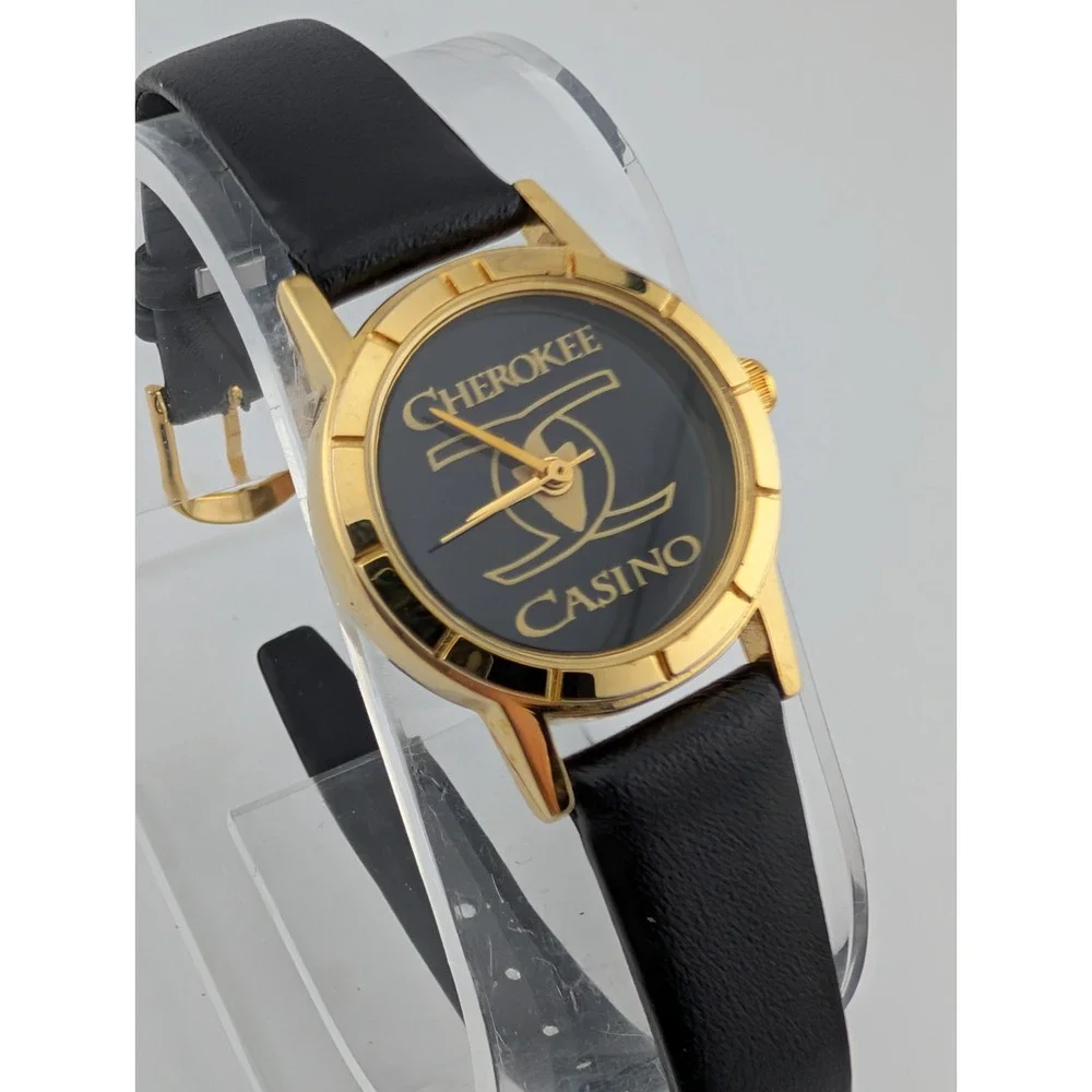 Cherokee Casino Watch Women 24mm‎ Gold Case Black Leather Band- New Battery